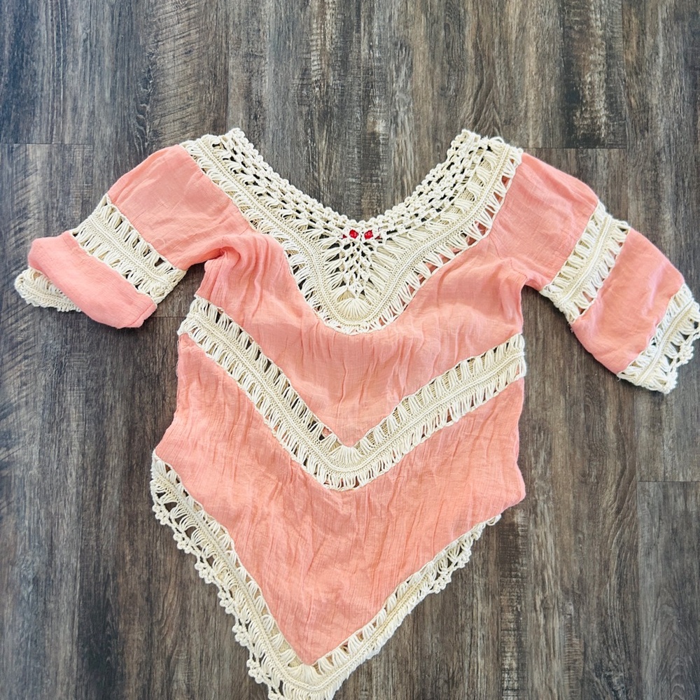 Island Escape Coral Blouse with Cream Crochet
